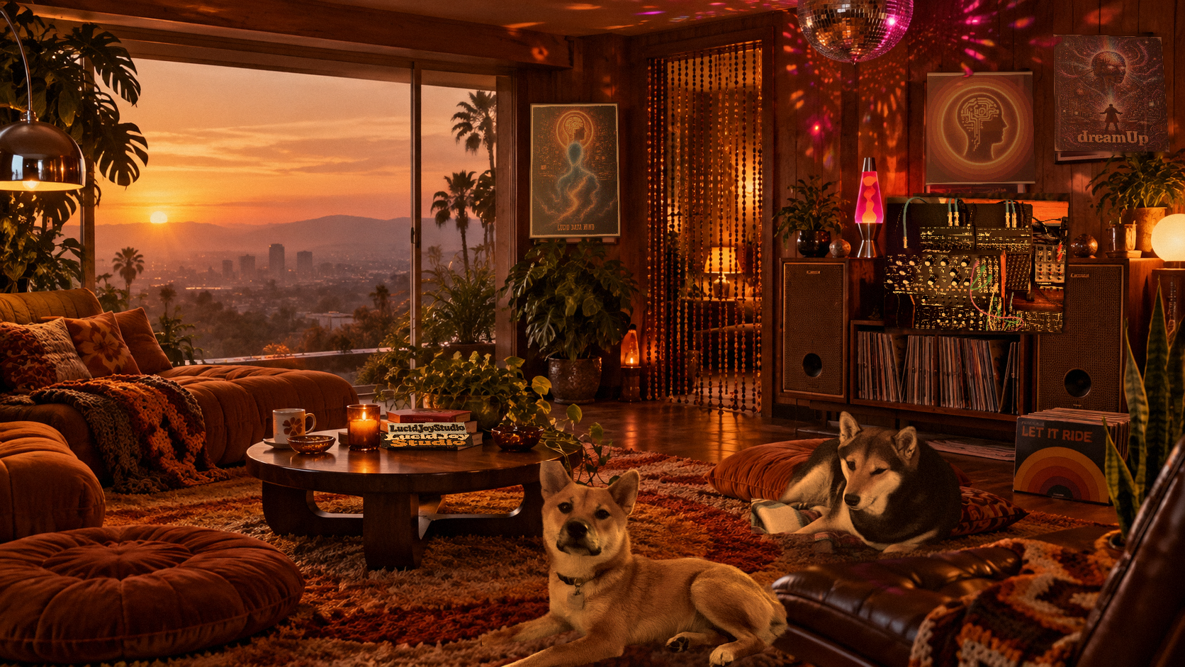 Listen room: a 1970s living room with a stereo receiver and lava lamp, where dreamUp albums play
