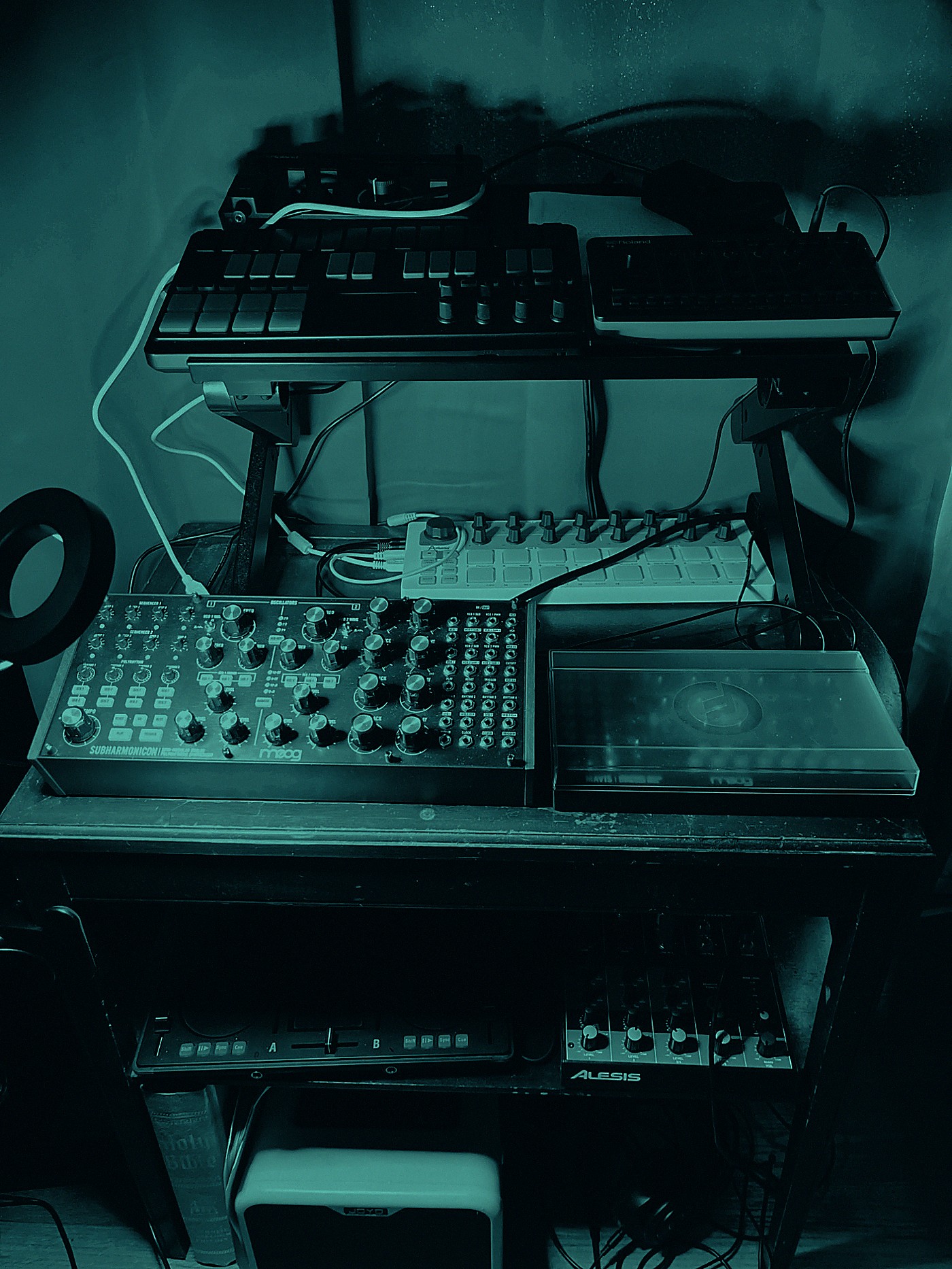 Studio rack with Roland T-8 and full instrument setup